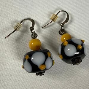 Handmade Black White Glass Bead Earrings Yellow Accent Artsy Dangle